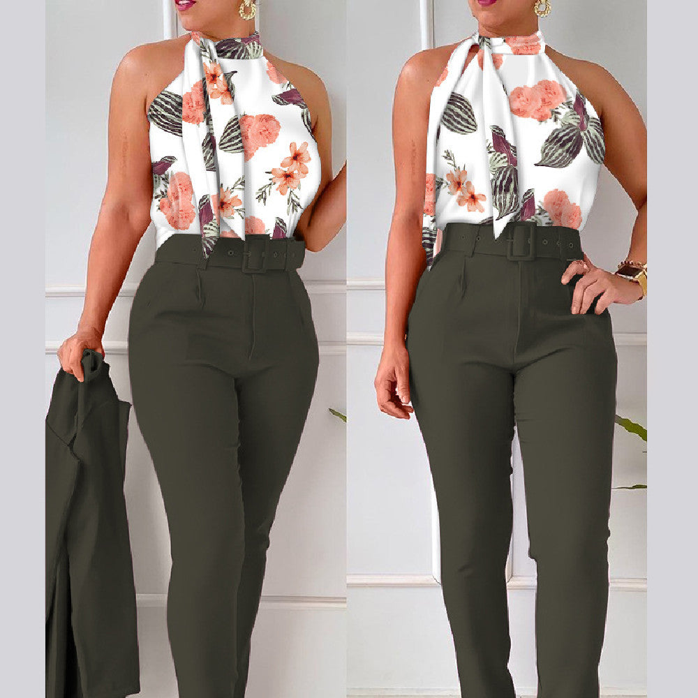 Ensemble Chic Fleuri – Blouse à Volants et Pantalon Taille Haute Rose