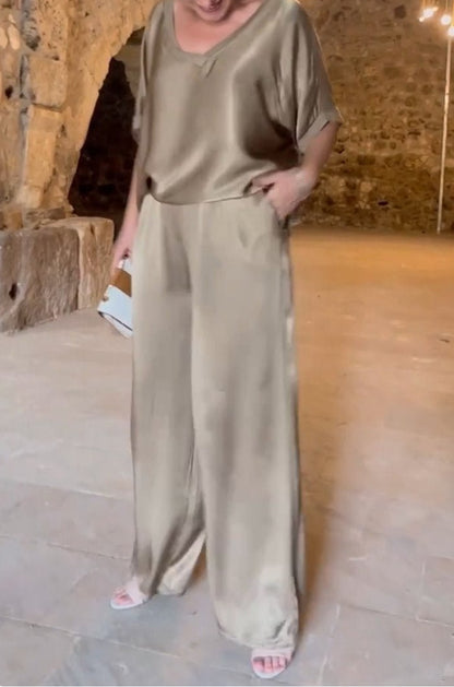 Ensemble Pantalon & Haut Satiné Noir – Élégance Décontractée
