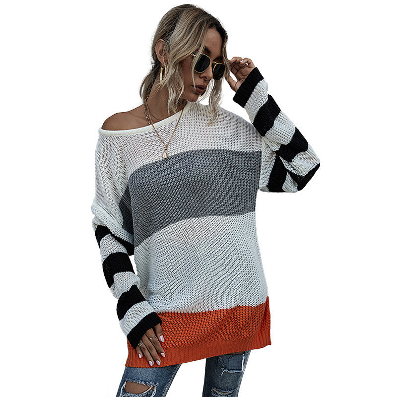 Pull en tricot rayé à col rond pour femme