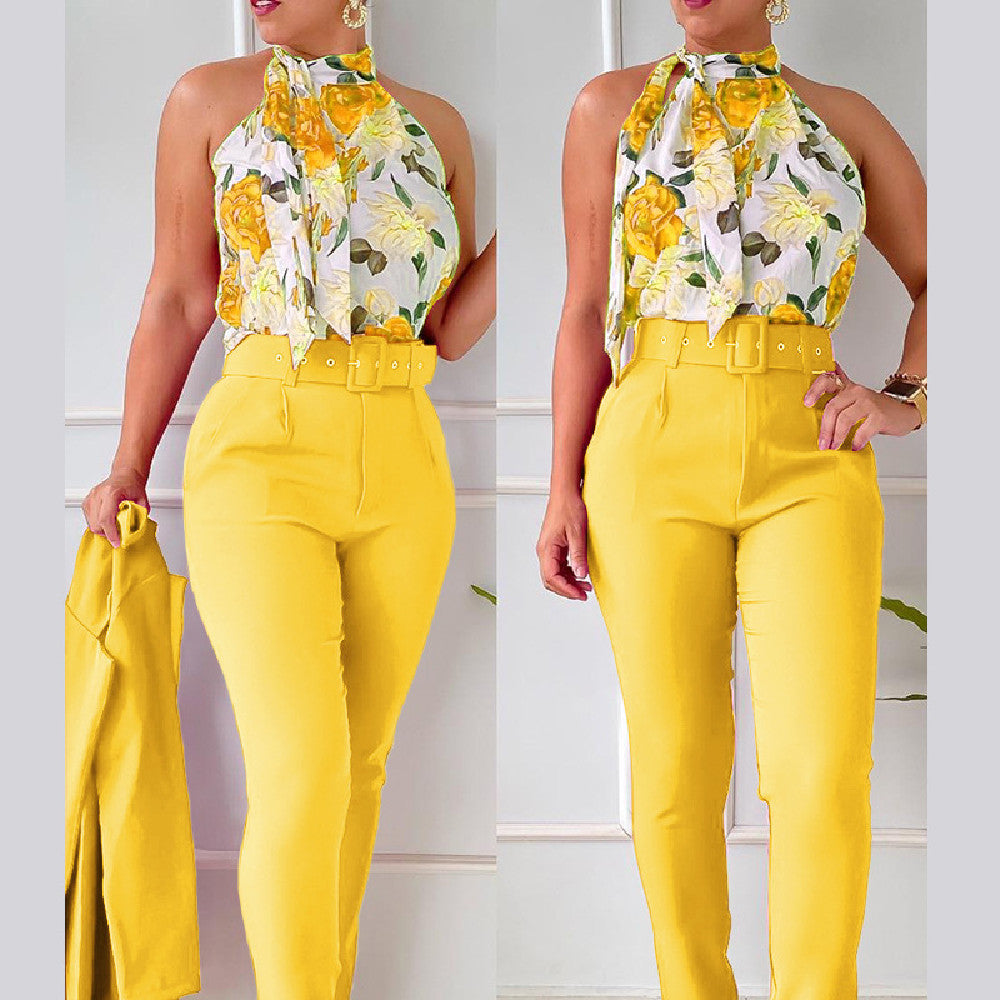 Ensemble Chic Fleuri – Blouse à Volants et Pantalon Taille Haute Rose