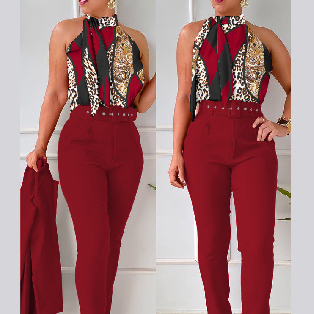 Ensemble Chic Fleuri – Blouse à Volants et Pantalon Taille Haute Rose