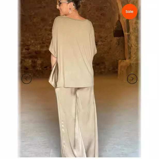 Ensemble Pantalon & Haut Satiné Noir – Élégance Décontractée