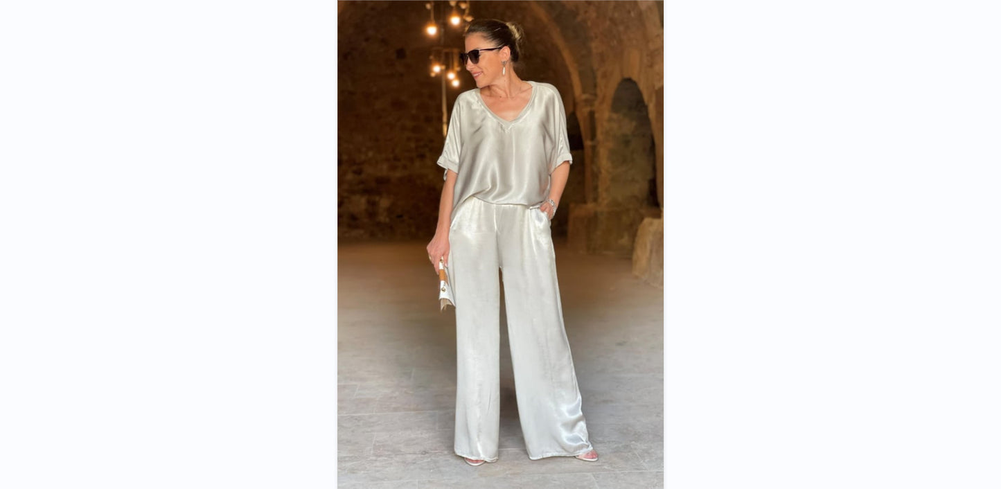 Ensemble Pantalon & Haut Satiné Noir – Élégance Décontractée