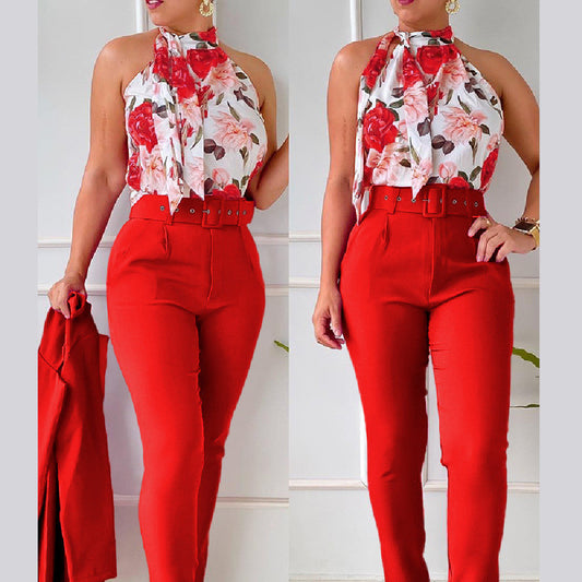 Ensemble Chic Fleuri – Blouse à Volants et Pantalon Taille Haute Rose