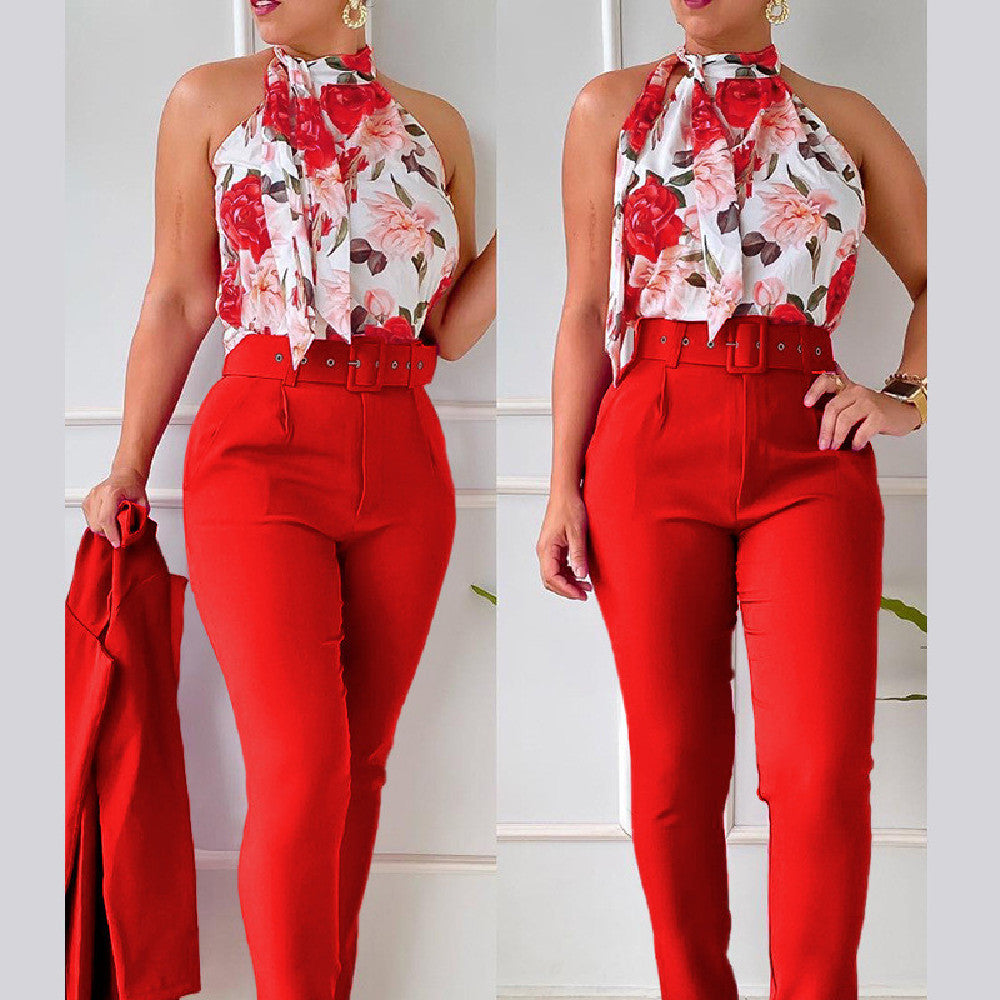 Ensemble Chic Fleuri – Blouse à Volants et Pantalon Taille Haute Rose