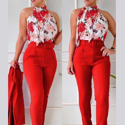 Ensemble Chic Fleuri – Blouse à Volants et Pantalon Taille Haute Rose