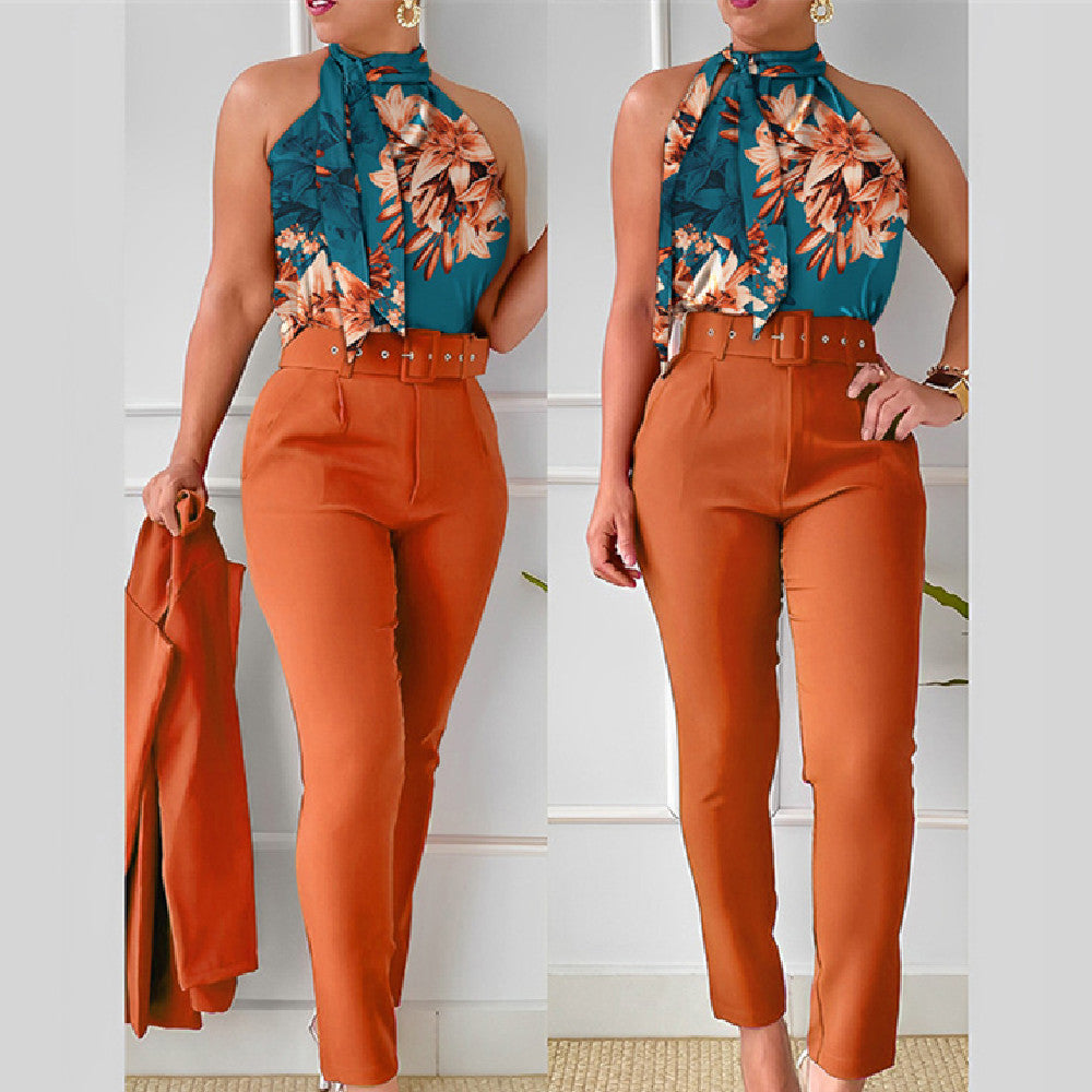 Ensemble Chic Fleuri – Blouse à Volants et Pantalon Taille Haute Rose