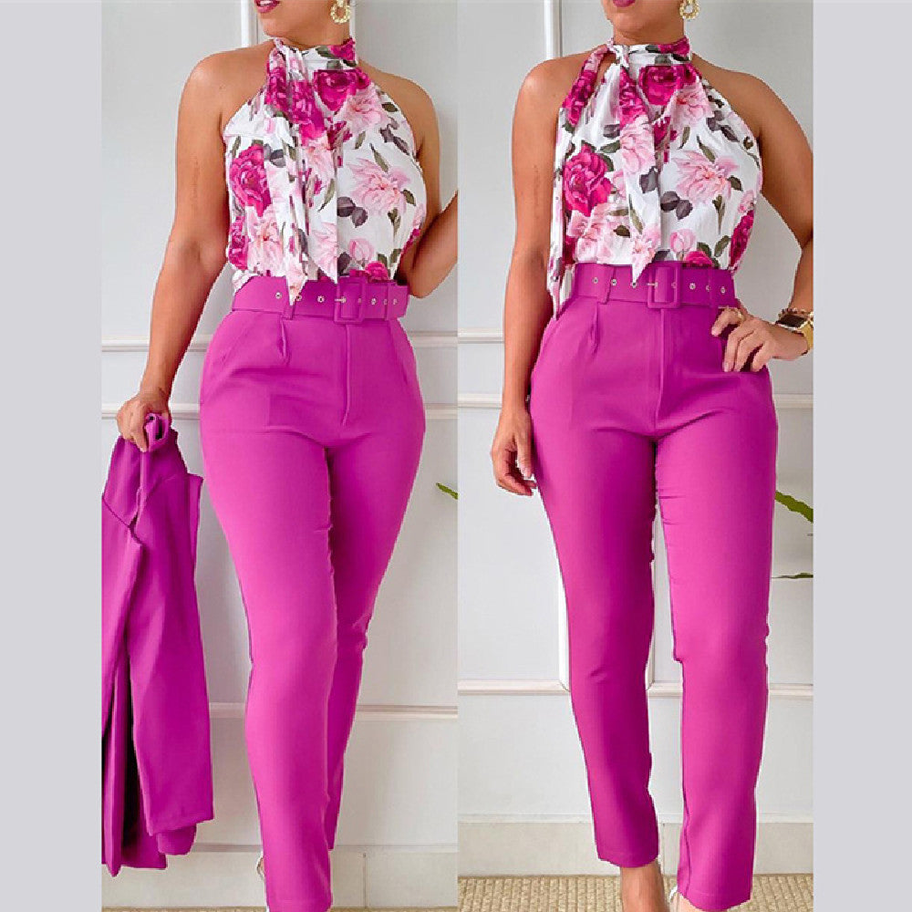 Ensemble Chic Fleuri – Blouse à Volants et Pantalon Taille Haute Rose