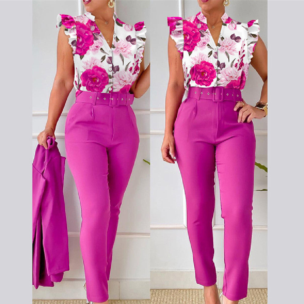 Ensemble Chic Fleuri – Blouse à Volants et Pantalon Taille Haute Rose