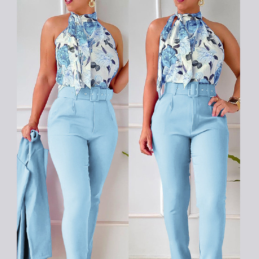 Ensemble Chic Fleuri – Blouse à Volants et Pantalon Taille Haute Rose