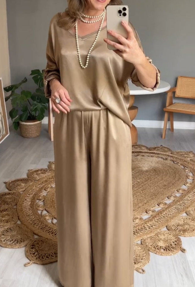 Ensemble Pantalon & Haut Satiné Noir – Élégance Décontractée