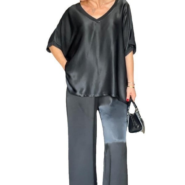 Ensemble Pantalon & Haut Satiné Noir – Élégance Décontractée