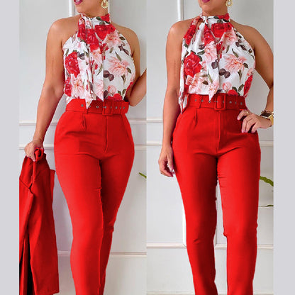 Ensemble Chic Fleuri – Blouse à Volants et Pantalon Taille Haute Rose