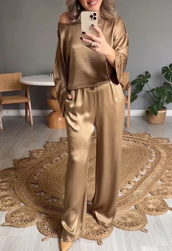 Ensemble Pantalon & Haut Satiné Noir – Élégance Décontractée
