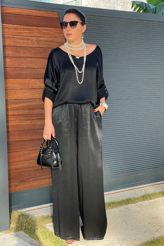 Ensemble Pantalon & Haut Satiné Noir – Élégance Décontractée