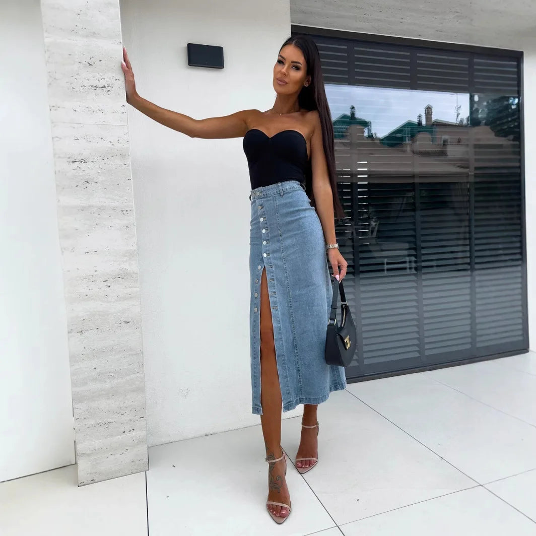 Jupe longue vintage en jean fendue