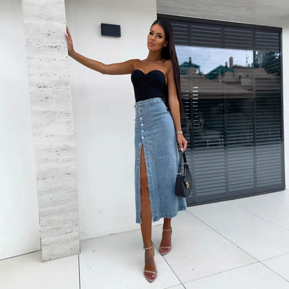 Jupe longue vintage en jean fendue