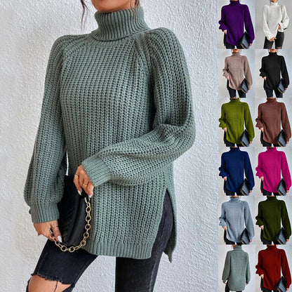 Pull col montant fendu, simple à manches longues, vêtements pour femmes.