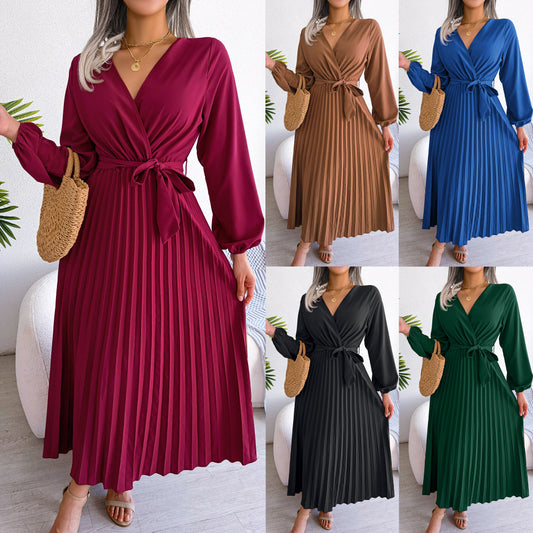 Robe Longue Élégance Royale – Plissée et Ceinturée Bleu Roi